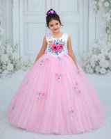 Net Sleeveless Floral Appliqué Garden Butterfly & Floral Full-Length Gown - Cherry Blossom