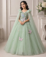 Net Bow sleeve With Trails Floral Appliqué Garden Butterfly & Floral Full-Length Gown - Sage Green(New)