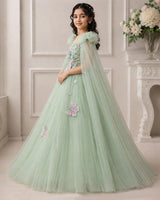 Net Bow sleeve With Trails Floral Appliqué Garden Butterfly & Floral Full-Length Gown - Sage Green(New)