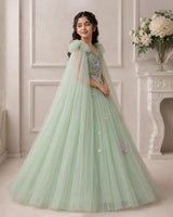 Net Bow sleeve With Trails Floral Appliqué Garden Butterfly & Floral Full-Length Gown - Sage Green(New)