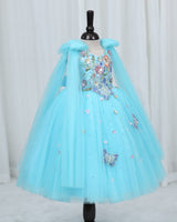 Net Bow sleeve With Trails Floral Appliqué Garden Butterfly & Floral Full-Length Gown - Baby Blue (New)