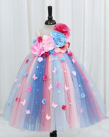 Net Sleeveless Multi Color Flower & Bead Embellished Tutu Frock for Girls in Pink & Blue(Bestseller) (New)