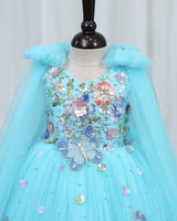 Net Bow sleeve With Trails Floral Appliqué Garden Butterfly & Floral Full-Length Gown - Baby Blue (New)