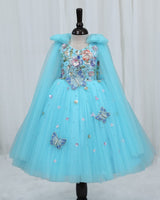Net Bow sleeve With Trails Floral Appliqué Garden Butterfly & Floral Full-Length Gown - Baby Blue (New)