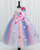 Net Sleeveless Multi Color Flower & Bead Embellished Tutu Frock for Girls in Pink & Blue(Bestseller) (New)