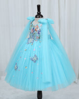 Net Bow sleeve With Trails Floral Appliqué Garden Butterfly & Floral Full-Length Gown - Baby Blue (New)