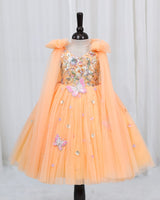 Net Bow sleeve With Trails Floral Appliqué Garden Butterfly & Floral Full-Length Gown - Pale Orange (New)