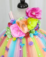 Net Sleeveless Multi Color Flower & Bead Embellished Tutu Frock for Girls (Bestseller) (New)