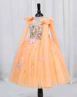 Net Bow sleeve With Trails Floral Appliqué Garden Butterfly & Floral Full-Length Gown - Pale Orange (New)