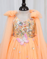 Net Bow sleeve With Trails Floral Appliqué Garden Butterfly & Floral Full-Length Gown - Pale Orange (New)