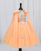 Net Bow sleeve With Trails Floral Appliqué Garden Butterfly & Floral Full-Length Gown - Pale Orange (New)