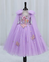 Net Bow sleeve With Trails Floral Appliqué Garden Butterfly & Floral Full-Length Gown - Lavender (New)