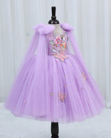 Net Bow sleeve With Trails Floral Appliqué Garden Butterfly & Floral Full-Length Gown - Lavender (New)