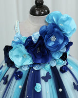 Net Sleeveless Multi Color Flower & Bead Embellished Tutu Frock for Girls in Blue(Bestseller) (New)