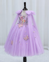 Net Bow sleeve With Trails Floral Appliqué Garden Butterfly & Floral Full-Length Gown - Lavender (New)