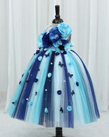 Net Sleeveless Multi Color Flower & Bead Embellished Tutu Frock for Girls in Blue(Bestseller) (New)