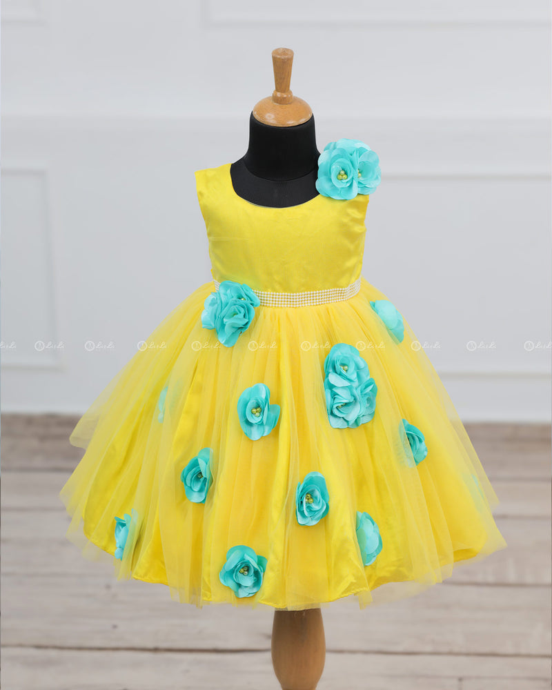 Yellow and Aqua Blue Big Flower Frock