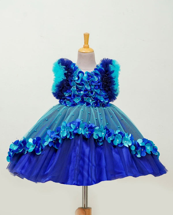 Royal Blue And Teal Blue High Low Flower Petal Frock.