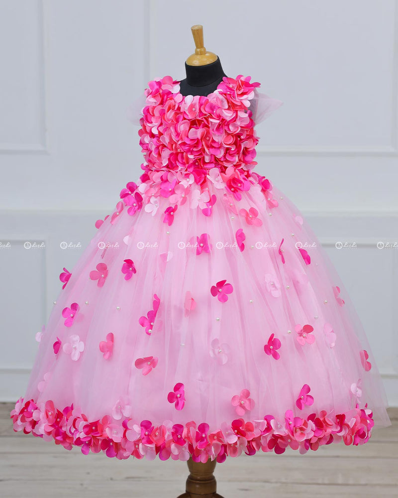 Rani Pink and Baby Pink Flower Petal Frock