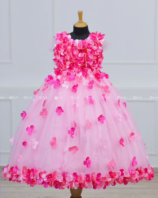 Rani Pink and Baby Pink Flower Petal Frock