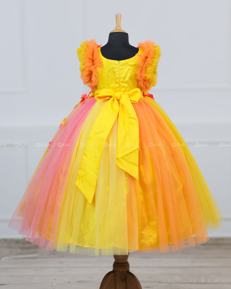 Orange And Yellow Multi Flower Frock