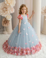 Baby Blue Flower Gown with Ball Flower Sleeves