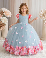 Baby Blue Flower Gown with Ball Flower Sleeves