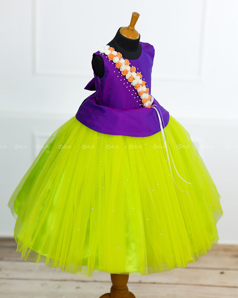 Peplum  Violet and Lime Green Flower Frock