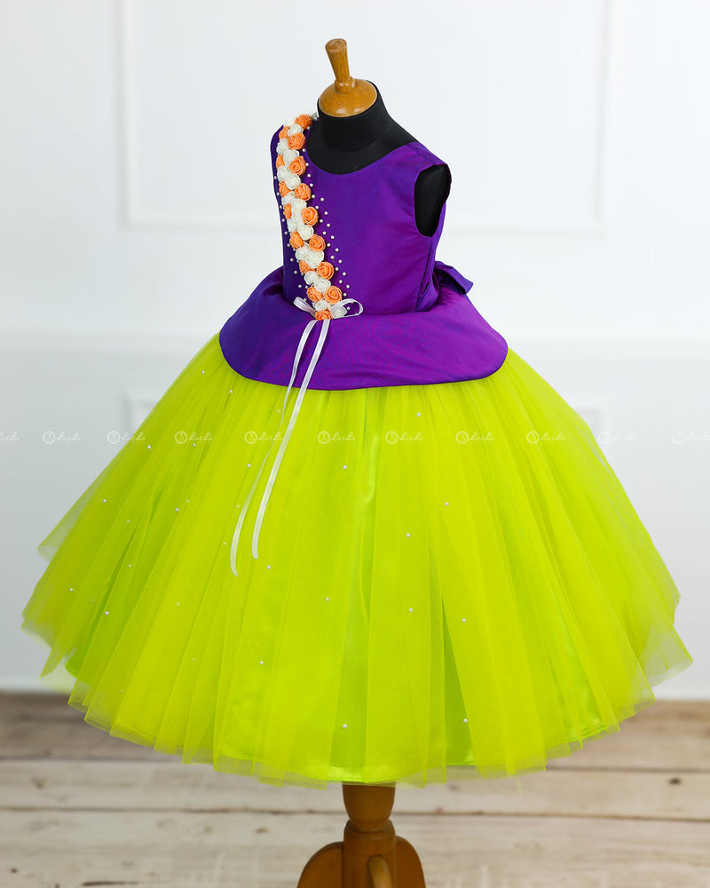 Peplum  Violet and Lime Green Flower Frock
