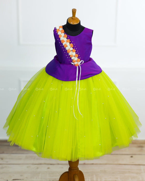 Peplum  Violet and Lime Green Flower Frock