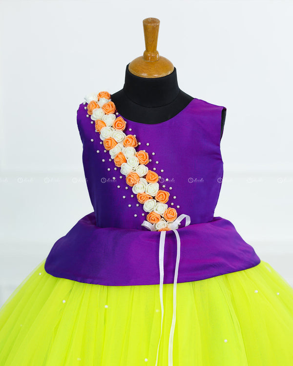 Peplum  Violet and Lime Green Flower Frock