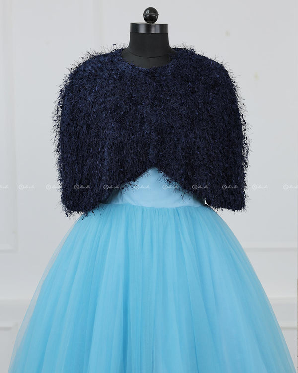 Blue Mom Gown with Detachable Feather Cape