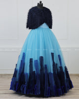 Blue Mom Gown with Detachable Feather Cape