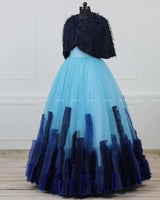 Blue Mom Gown with Detachable Feather Cape