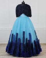 Blue Mom Gown with Detachable Feather Cape