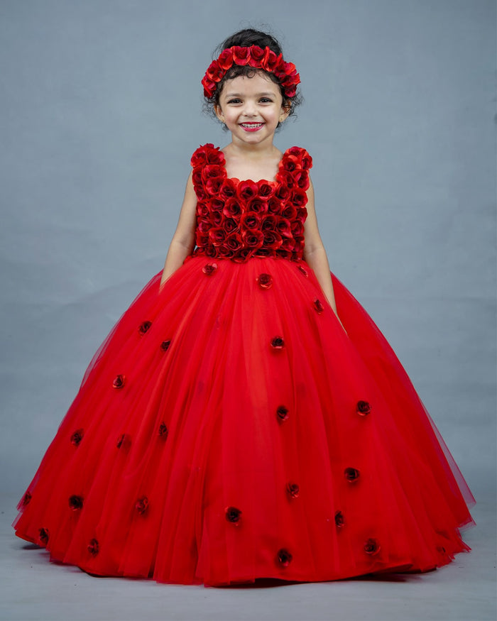 Candy red full-length frock with handcrafted flowers on the yoke and skirt for baby girls