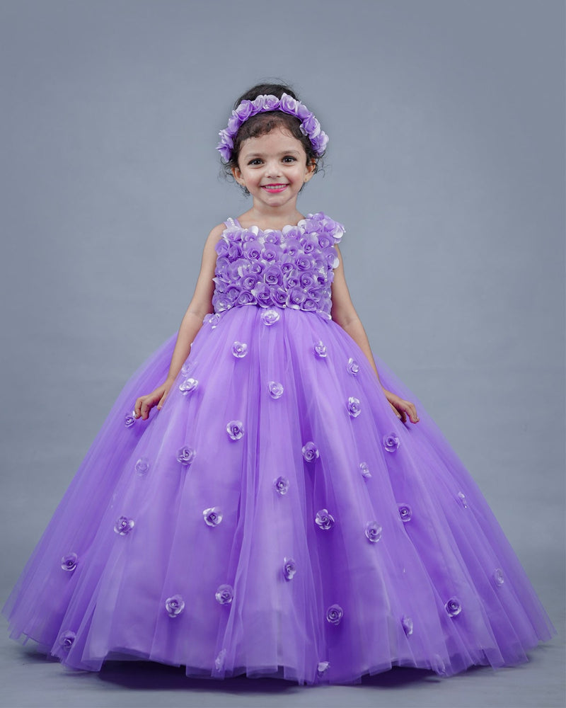 Lavender full-length gown frock with hand-crafted flowers for baby girls