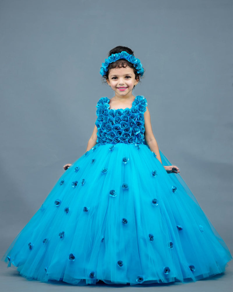 Kids Blue Flower Frock Online | Baby Girl Birthday Party Frocks Online