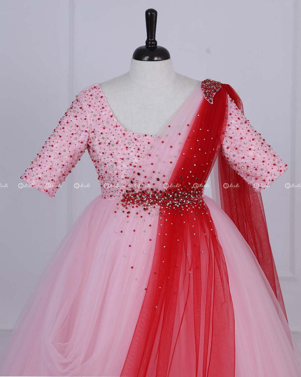 Red and Peach Color Gradient Gown With Draped Dupatta