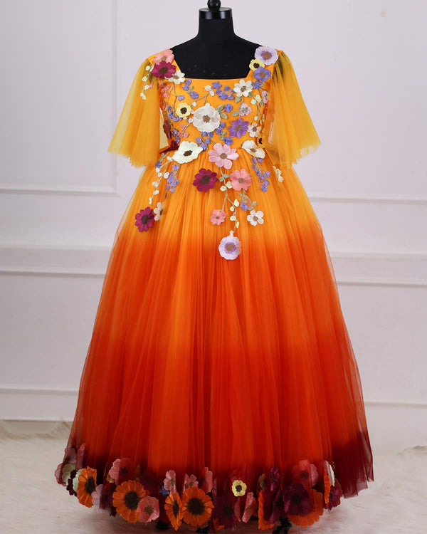 Flair Sleeve Embroidery  Gown with Weaving Yoke Pattern and Highlighted Handwork.