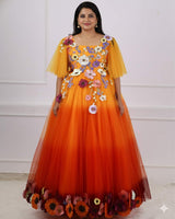Flair Sleeve Embroidery  Gown with Weaving Yoke Pattern and Highlighted Handwork.