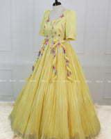 Butterfly and Floral Theme Yellow Gown with Attached Bows and Applique Works