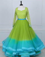 Ombre-Shaded Lime to Turquoise Sequin yoke with Layered Bottom Gown