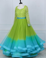 Ombre-Shaded Lime to Turquoise Sequin yoke with Layered Bottom Gown