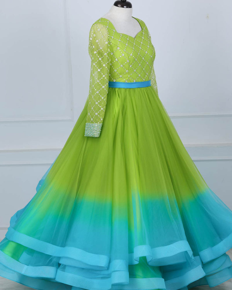 Ombre-Shaded Lime to Turquoise Sequin yoke with Layered Bottom Gown www.liandli.in Ombre-Shaded Lime to Turquoise Sequin yoke with Layered Bottom Gown www.liandli.in