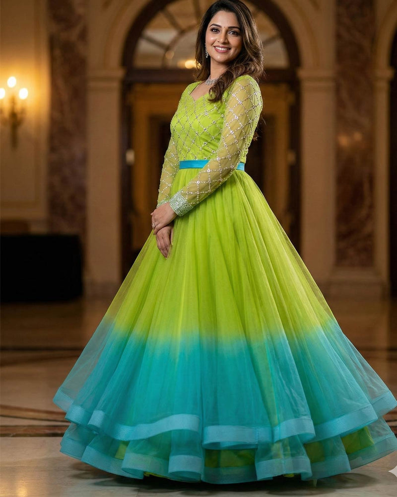Ombre-Shaded Lime to Turquoise Sequin yoke with Layered Bottom Gown –  www.liandli.in