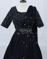 Hand-Embellished Black Georgette Gown with Draped Dupatta