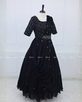 Hand-Embellished Black Georgette Gown with Draped Dupatta