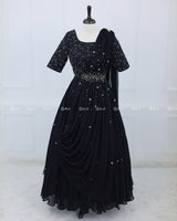 Hand-Embellished Black Georgette Gown with Draped Dupatta