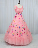 Organza Cap Sleeve Multi Layered Floral Full Length Gown - Peach(New)(Bestseller)